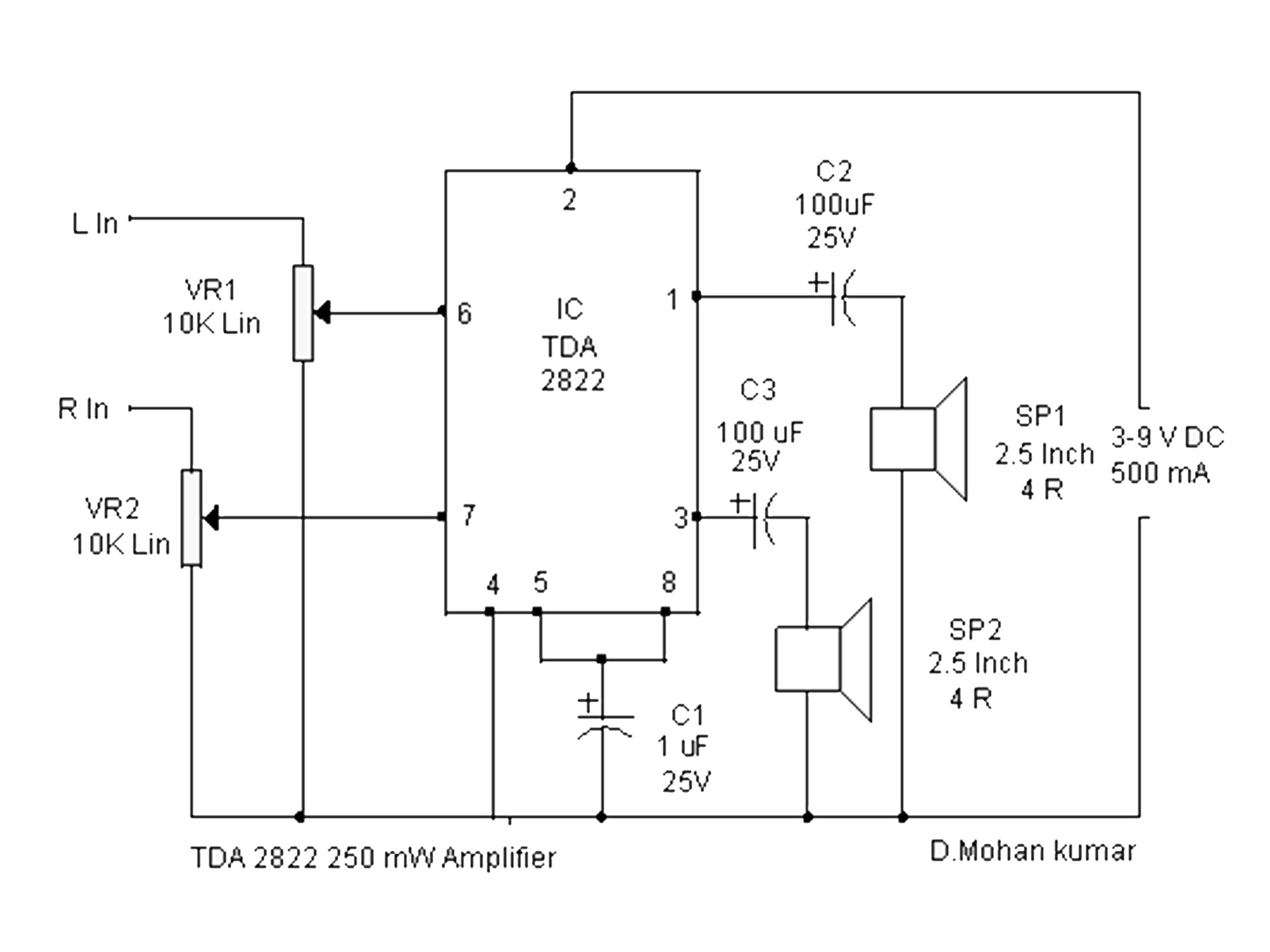 TDA2822M dual channel audio amplifier circuit